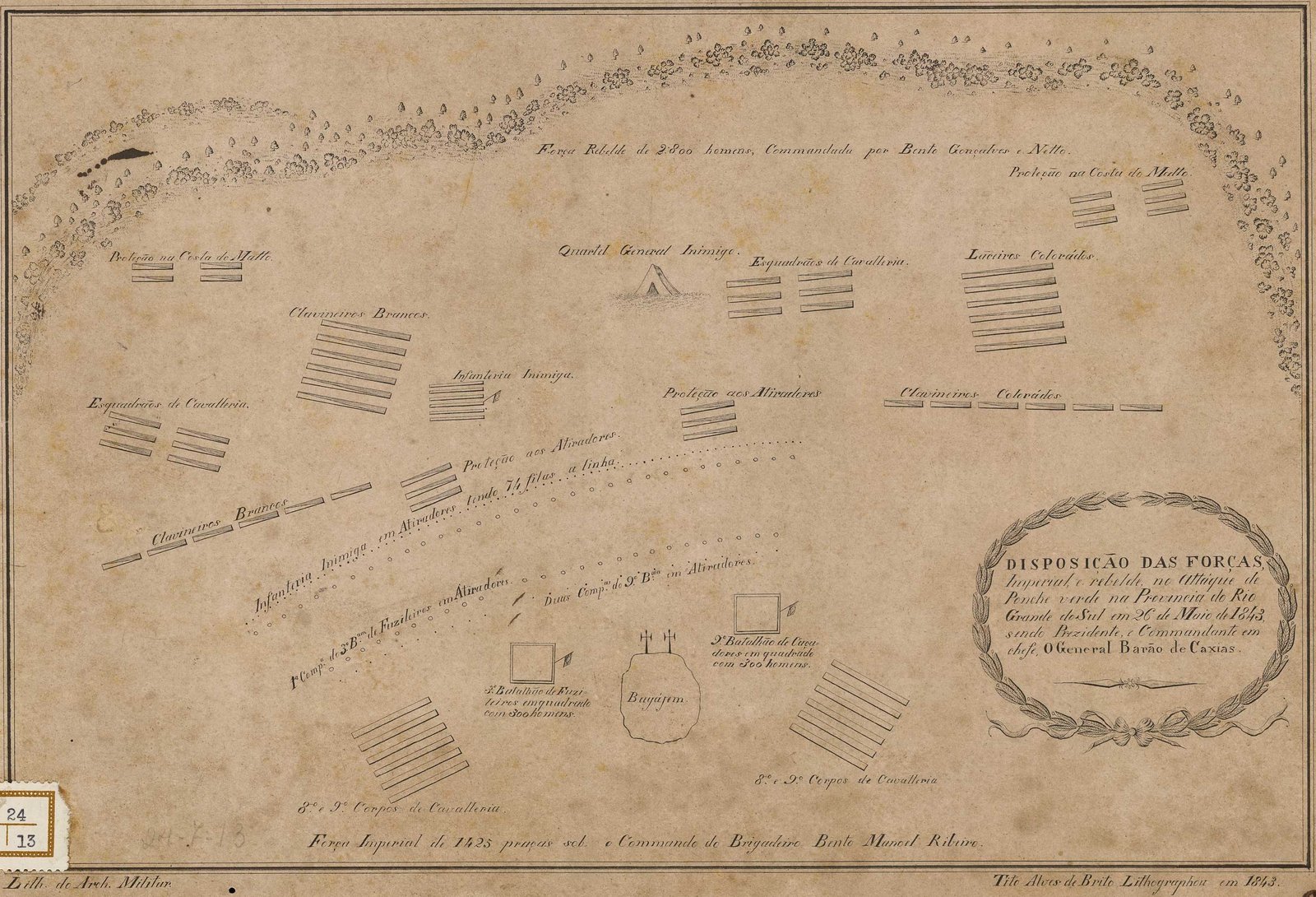 Mapa de época com a disposição das forças no ataque de Ponche Verde em 26 de maio de 1843